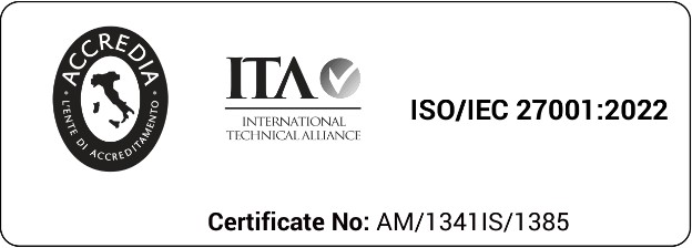 Accredia and ITA International Technical Alliance accreditation mark for ISO/IEC 27001:2022 — Certificate No. AM/1341IS/1385 (black and white)